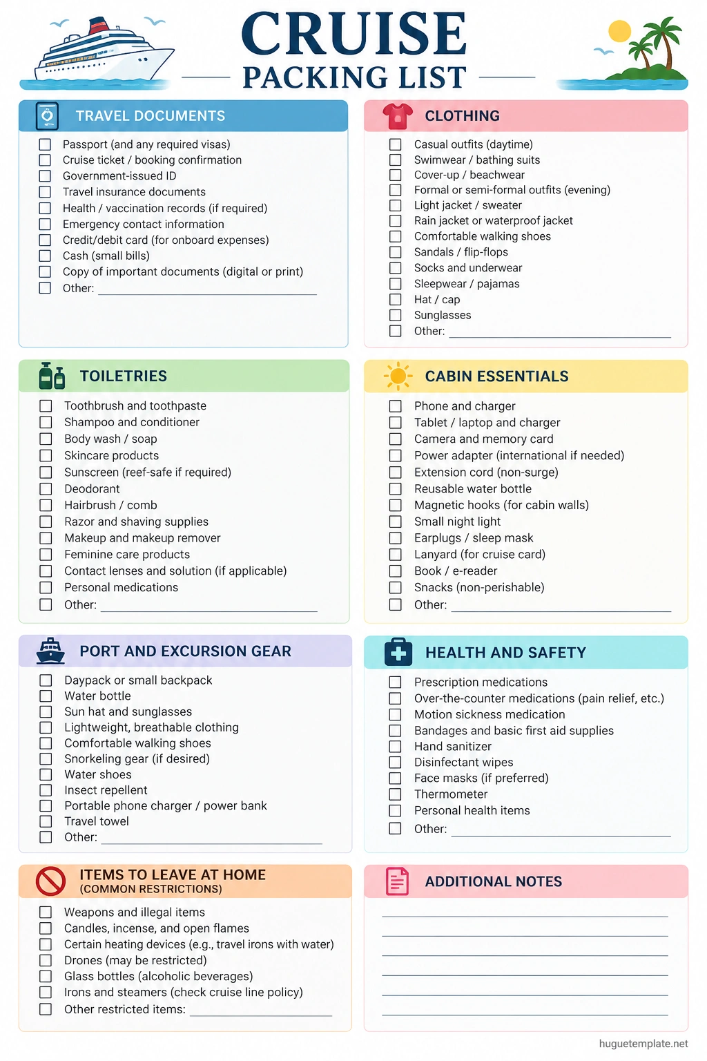 Cruise Packing List Template Printable cruise packing list template with checkboxes for travel documents, clothing, toiletries, cabin essentials, shore excursions, health supplies, and restricted items