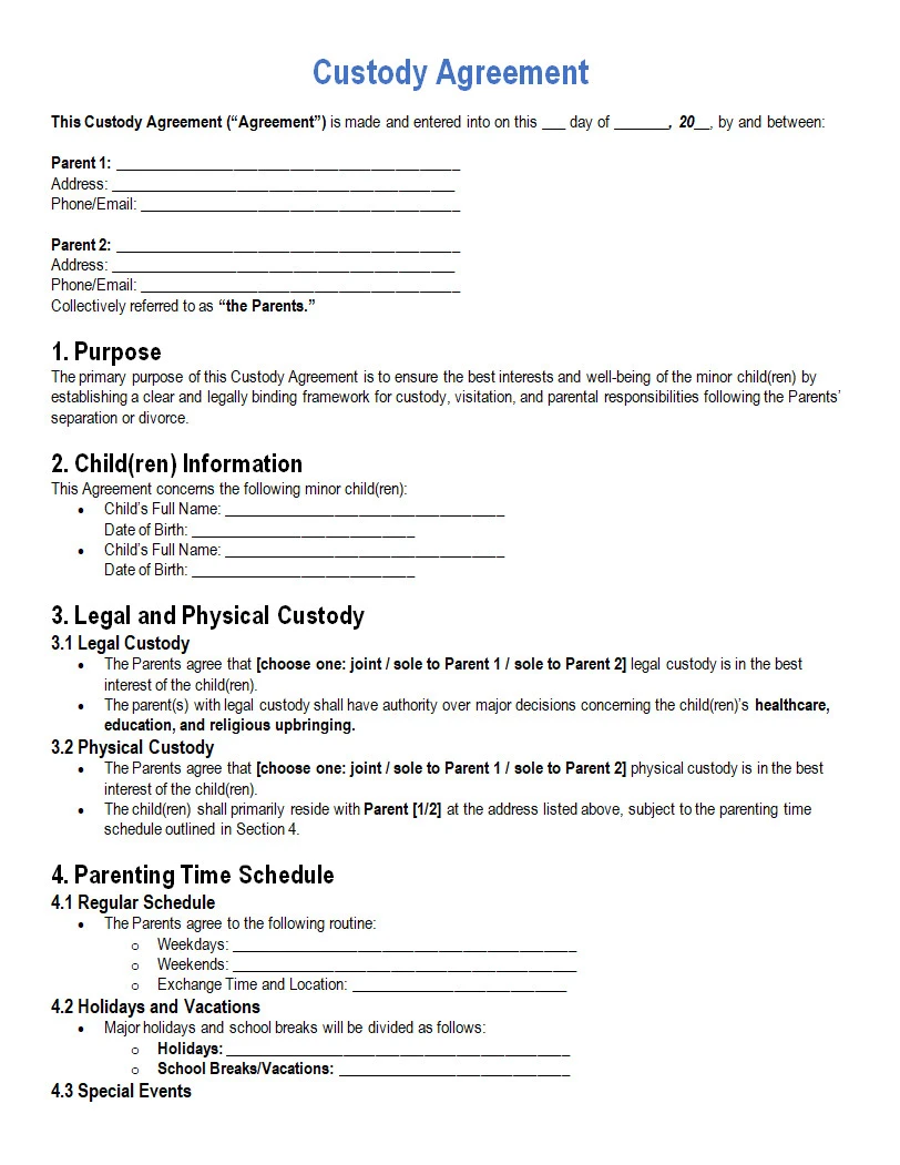 Custody Agreement Template Word