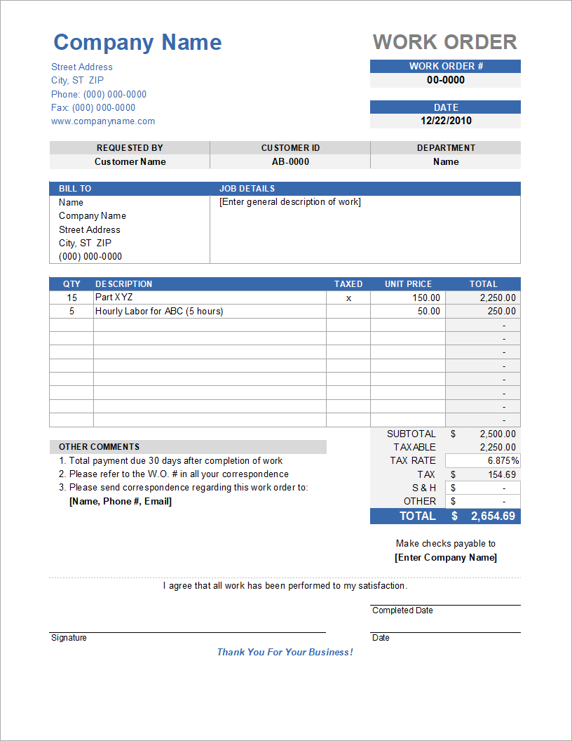 Custom Work Order Form