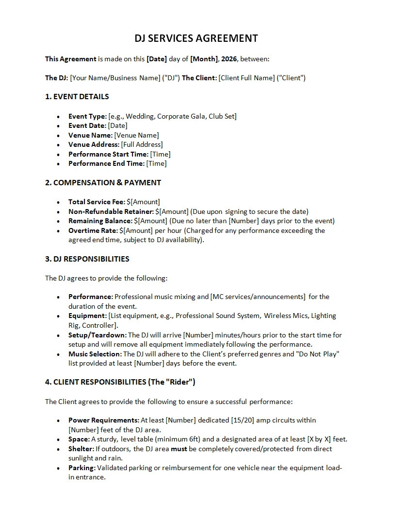 DJ Contract Template DJ Contract Template Word
