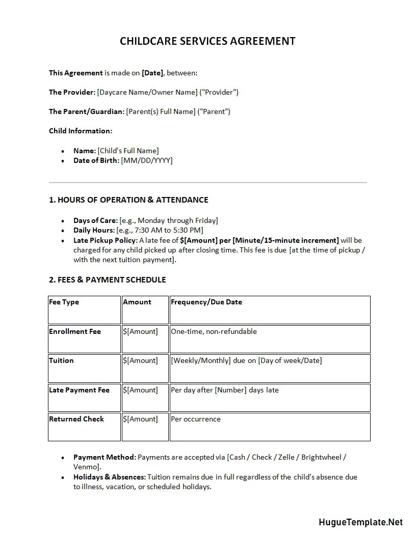 Daycare Contract Template Word