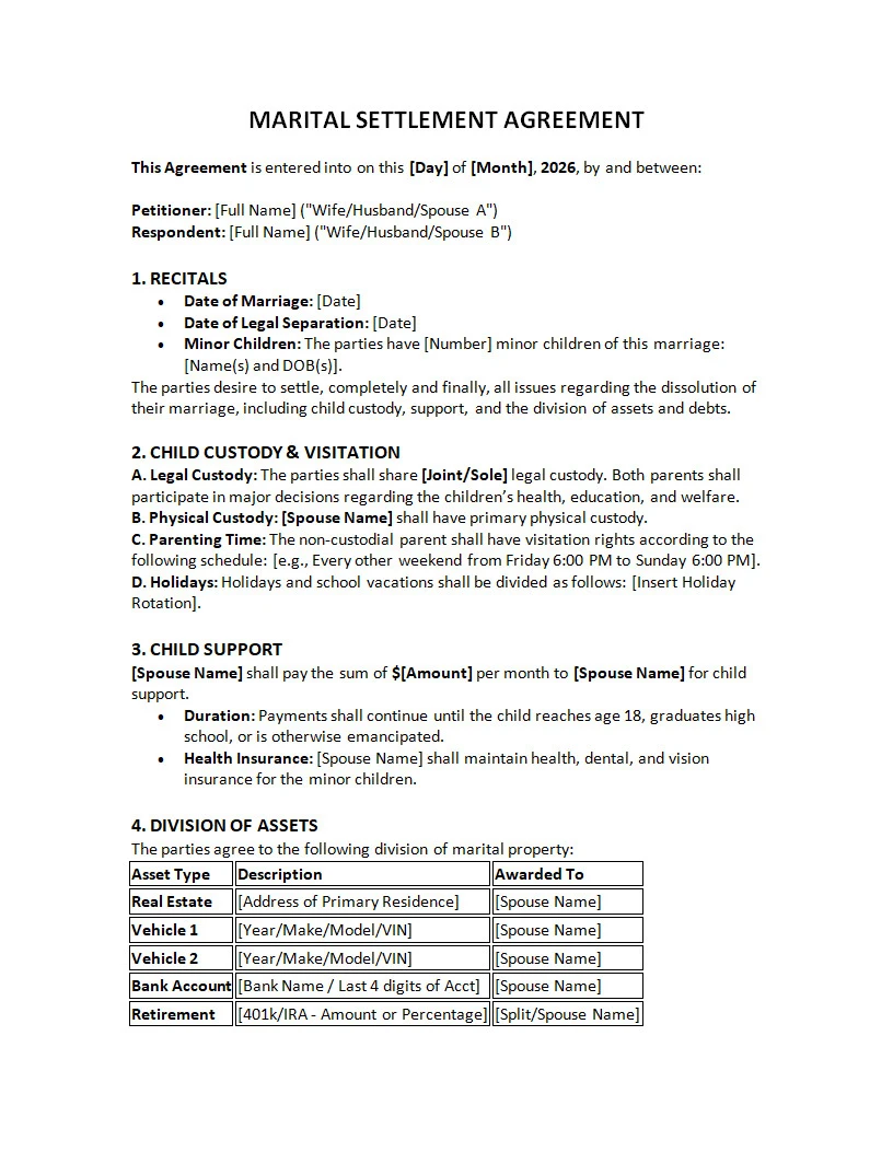 Divorce Agreement Template Word