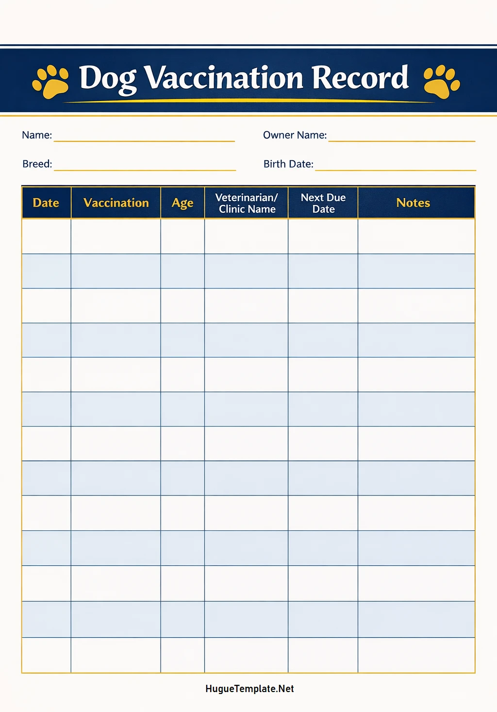 Simple Blank Dog Vaccination Record Template