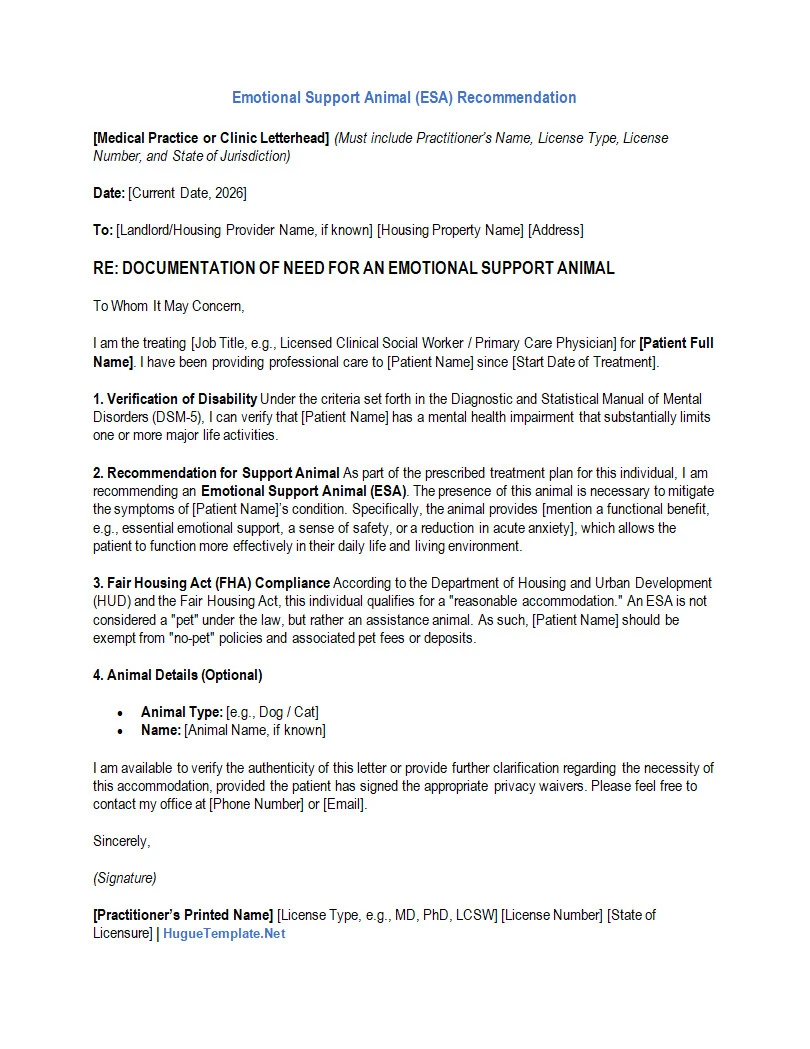 Emotional Support Letter from Doctor Template Word