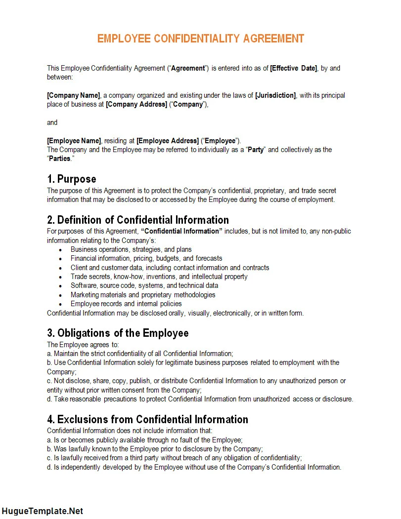 Employee Confidentiality Agreement Template Word