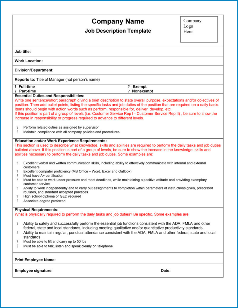 Job Employ Example Employee Job Description Template (Word)