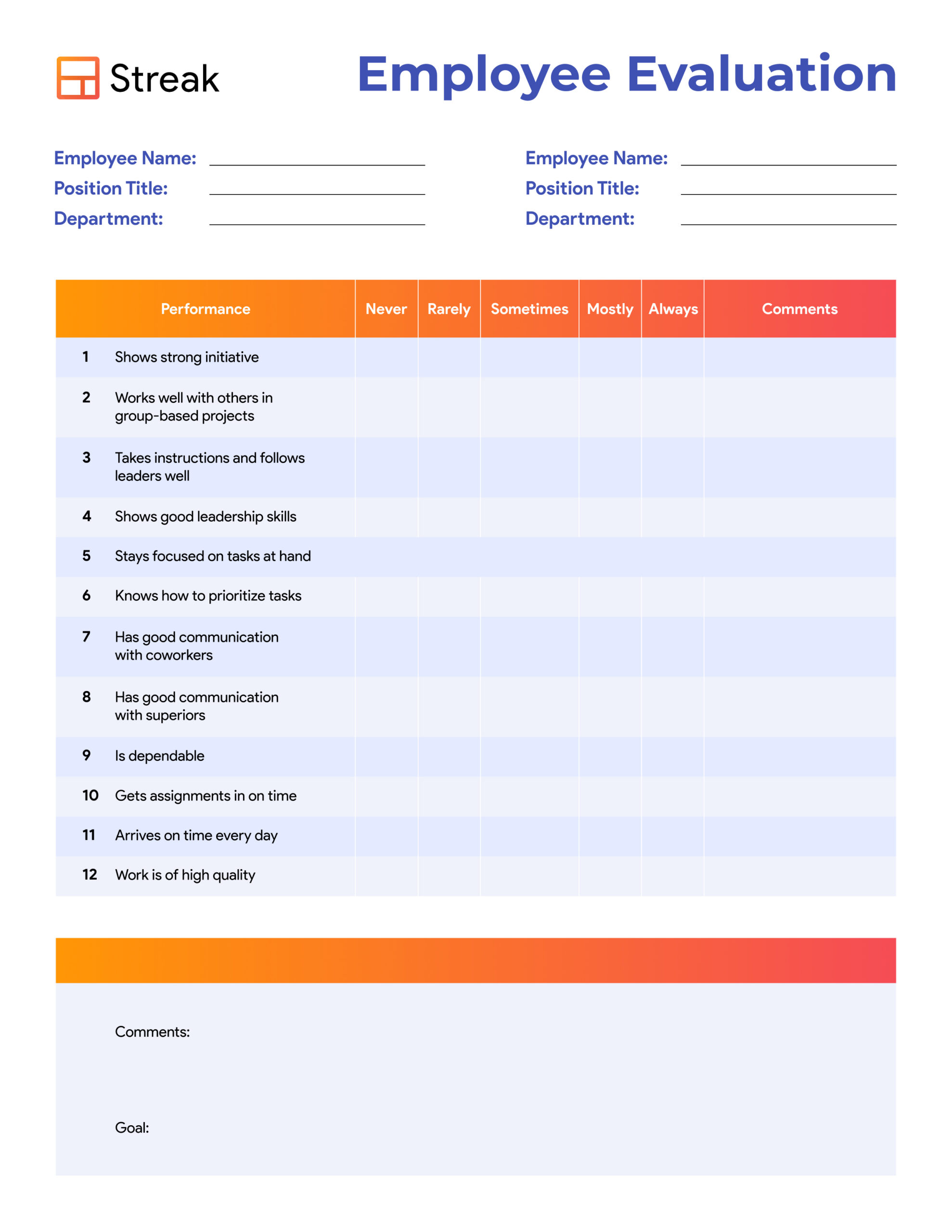 Employee Performance Review Template