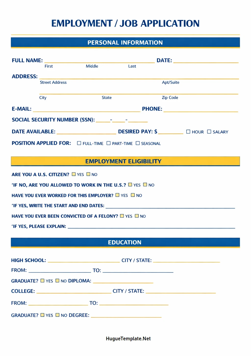 Simple Blank Employment Application Template