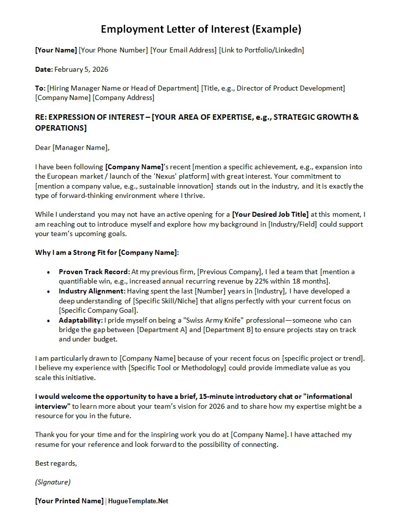 Employment Letter of Interest Template Word