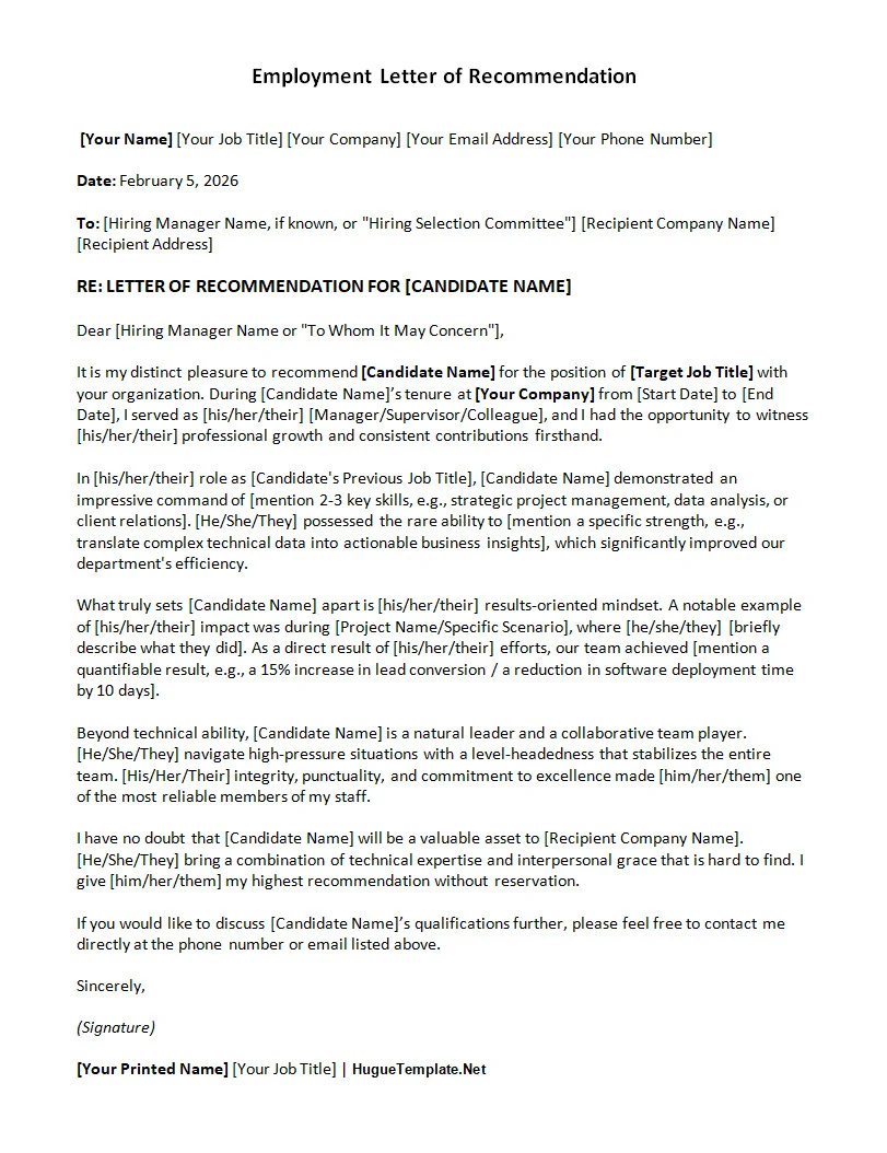 Employment Letter of Recommendation Template Word