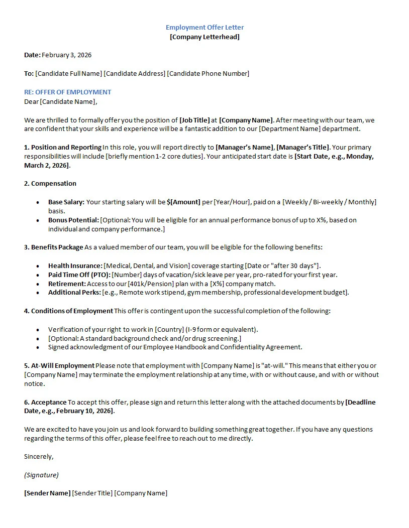 Employment Offer Letter Template Word