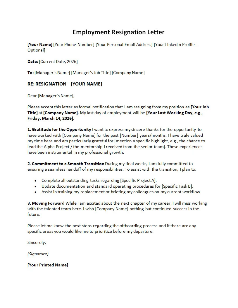 Employment Resignation Letter Template Employment Resignation Letter Template Word