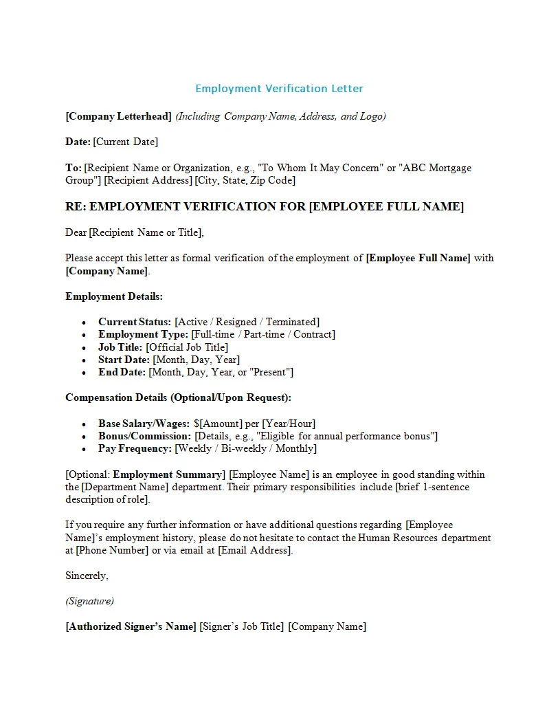 Employment Verification Letter Template Word