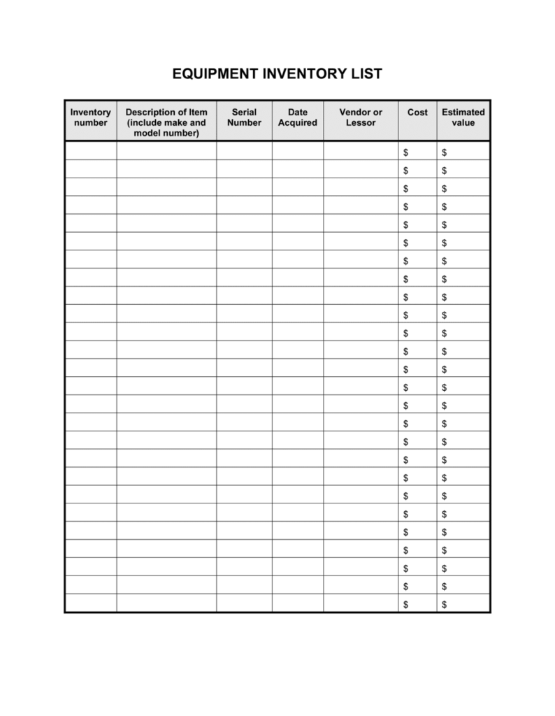Printable Equipment Inventory List Template