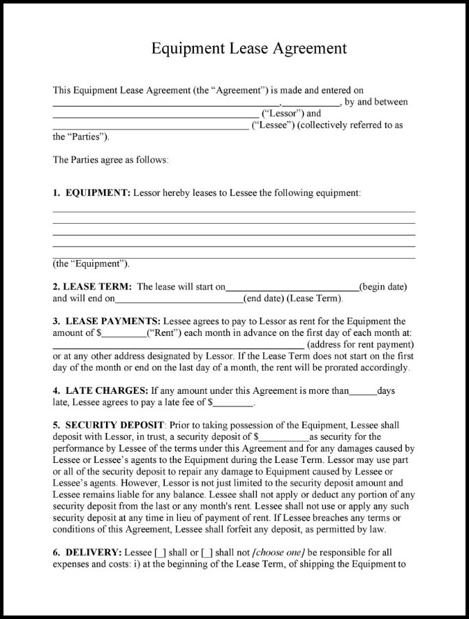 Equipment Lease Agreement Template Example