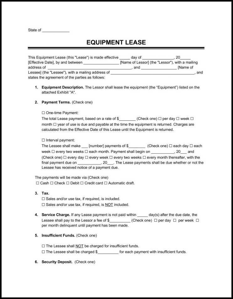 Equipment Lease Agreement Template Sample