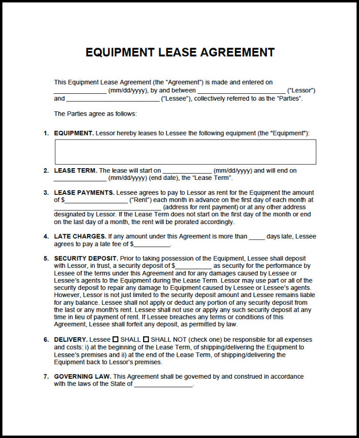 Equipment Lease Agreement Template