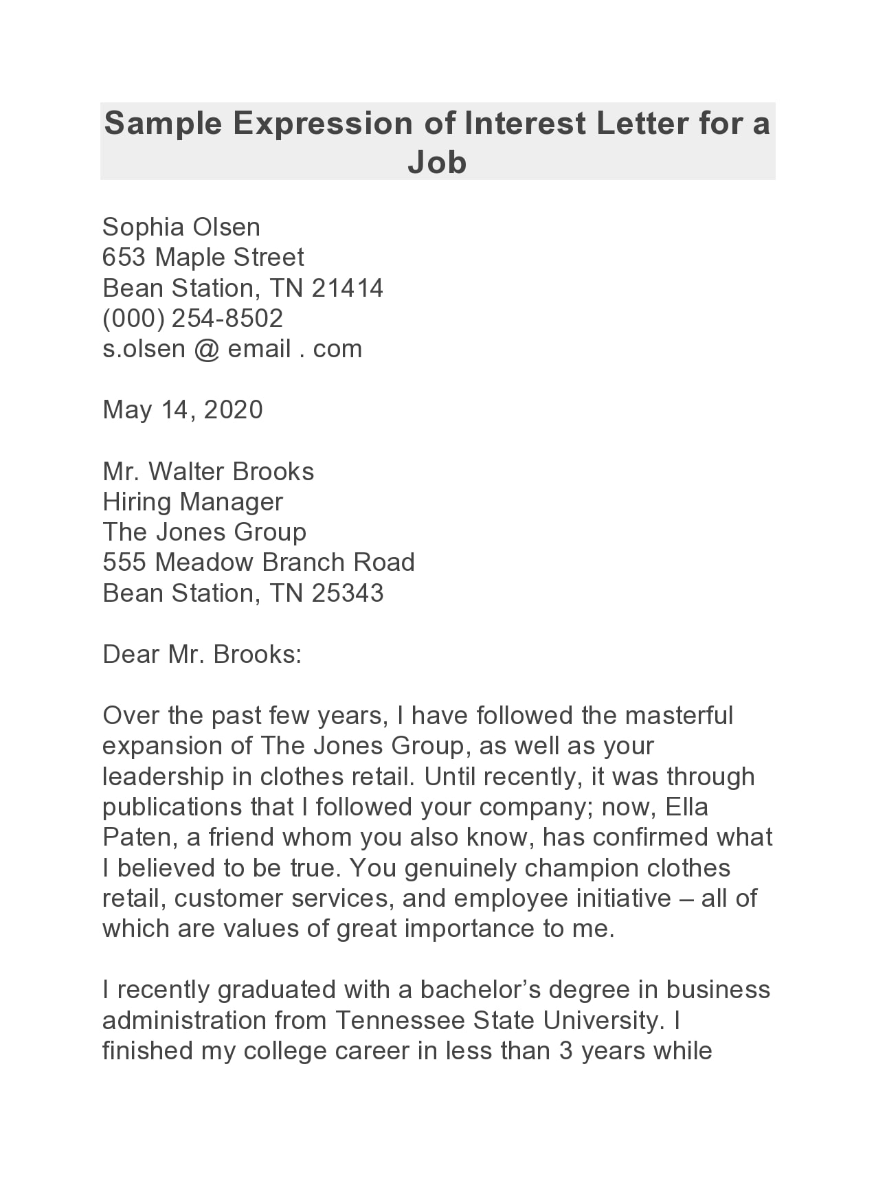 Example Letter of Interest for a Job Template Example Letter of Interest for a Job Template