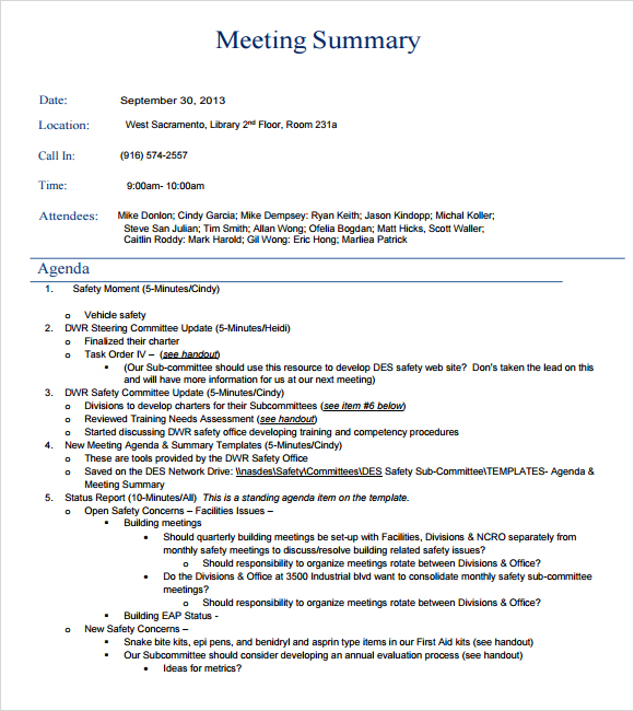 Example Meeting Summary Template Example Meeting Summary Template