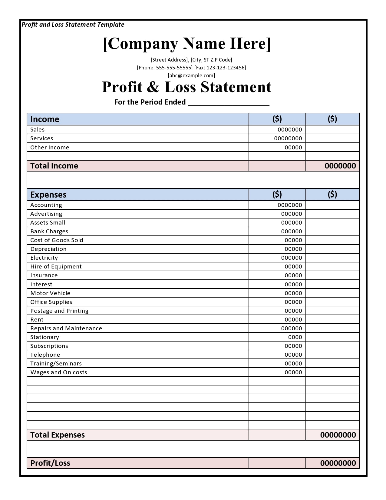Example Monthly Profit And Loss Statement Template Example Monthly Profit And Loss Statement Template