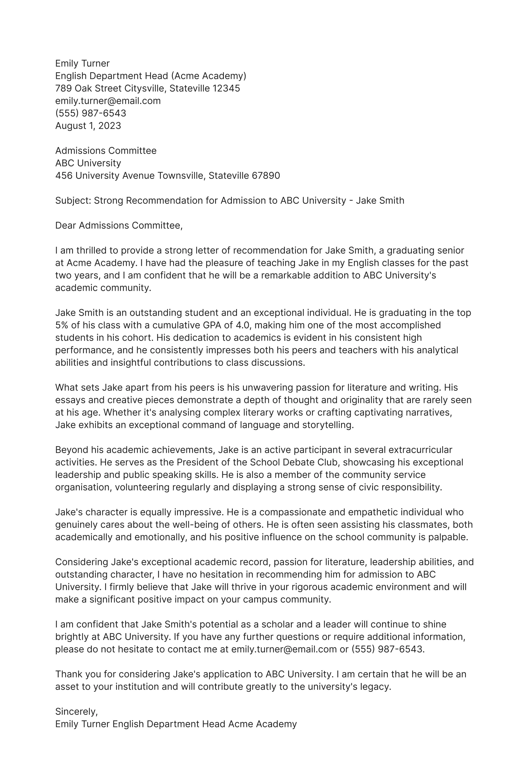 Example Student Reference Letter Template Example Student Reference Letter Template