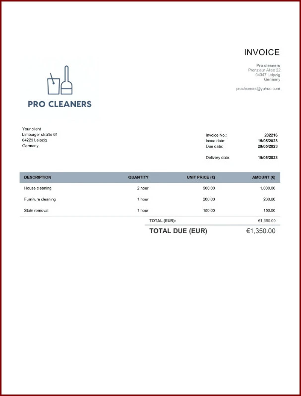 Example of Cleaning Invoice Template