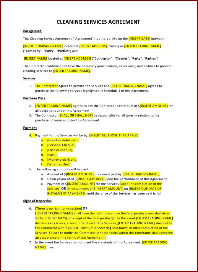 Example of Cleaning Service Agreement Template