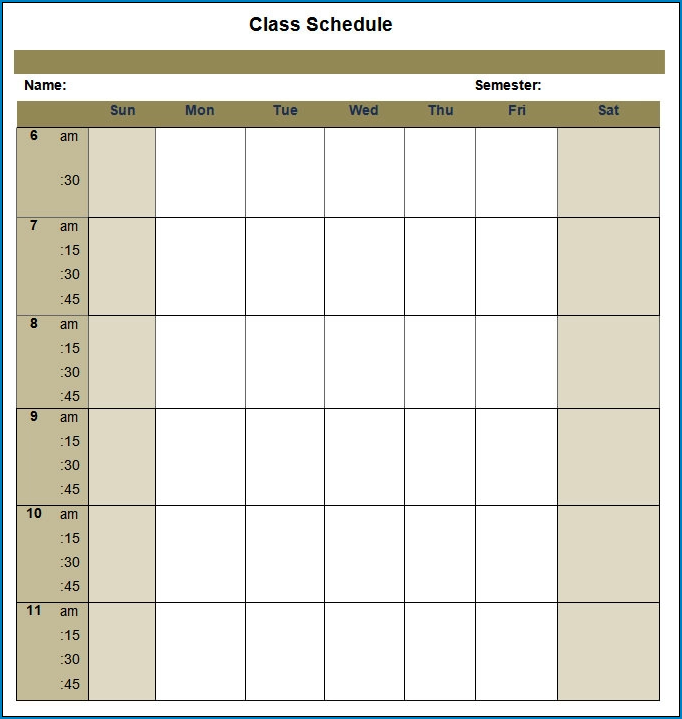Example of College Class Schedule Template Example of College Class Schedule Template
