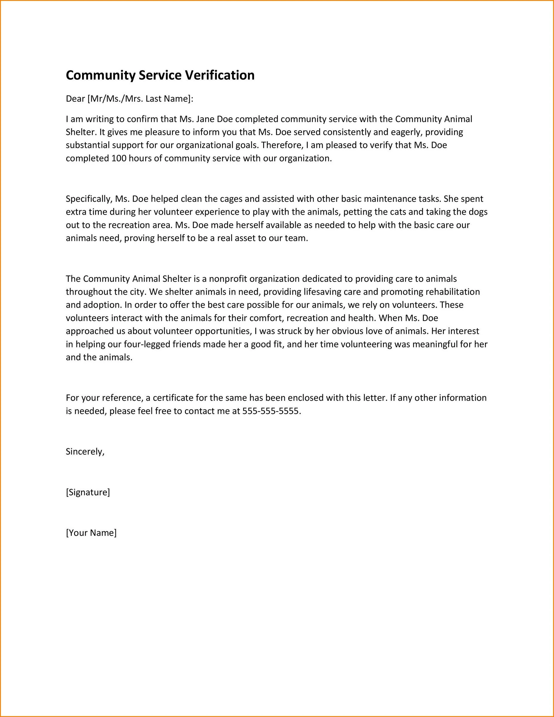 Example of Community Service Letter Template