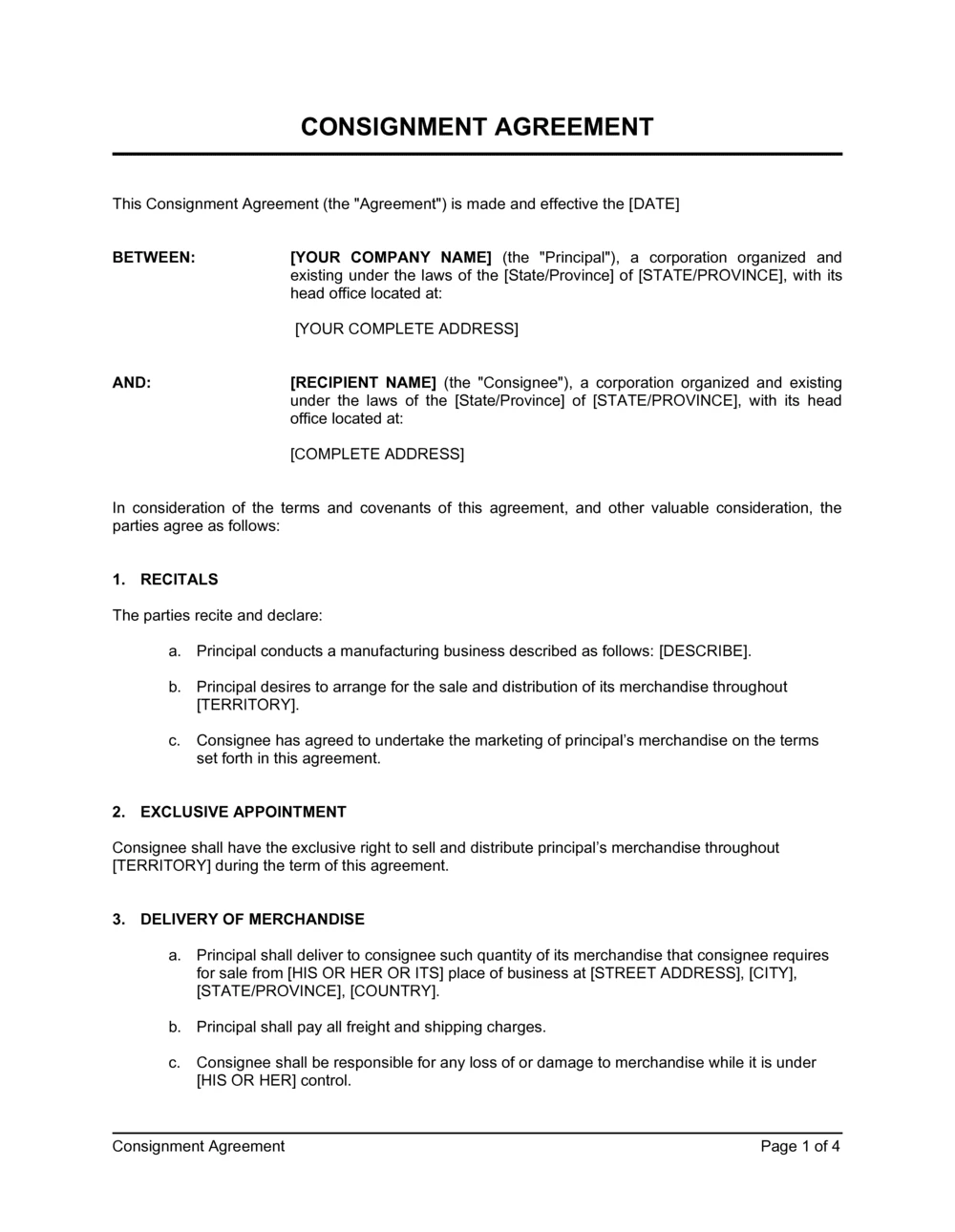 Example of Consignment Agreement Template
