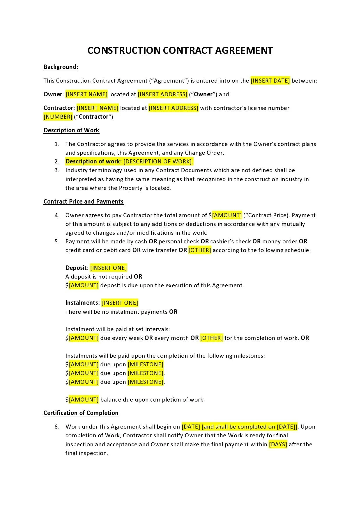 Example of Construction Agreement Template
