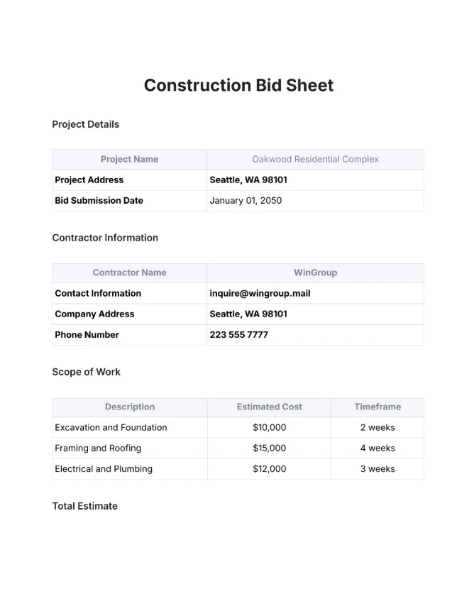 Example of Construction Bid Template