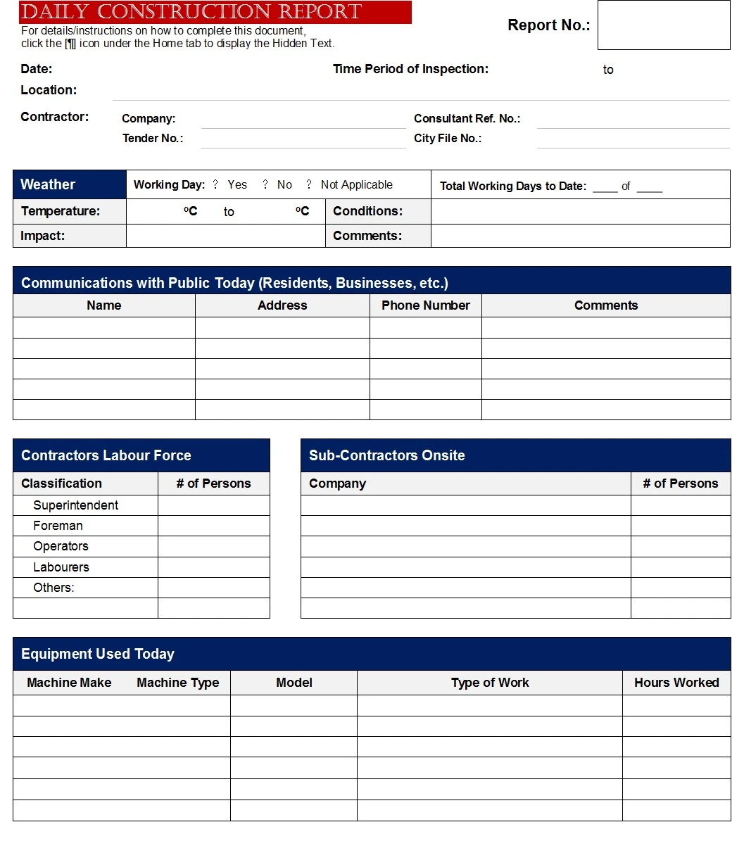 Example of Construction Daily Report Template