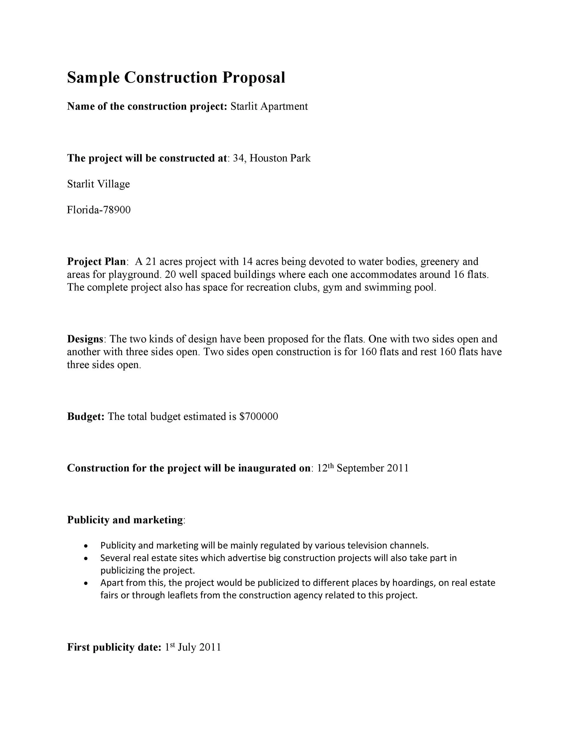 Example of Construction Project Proposal Template