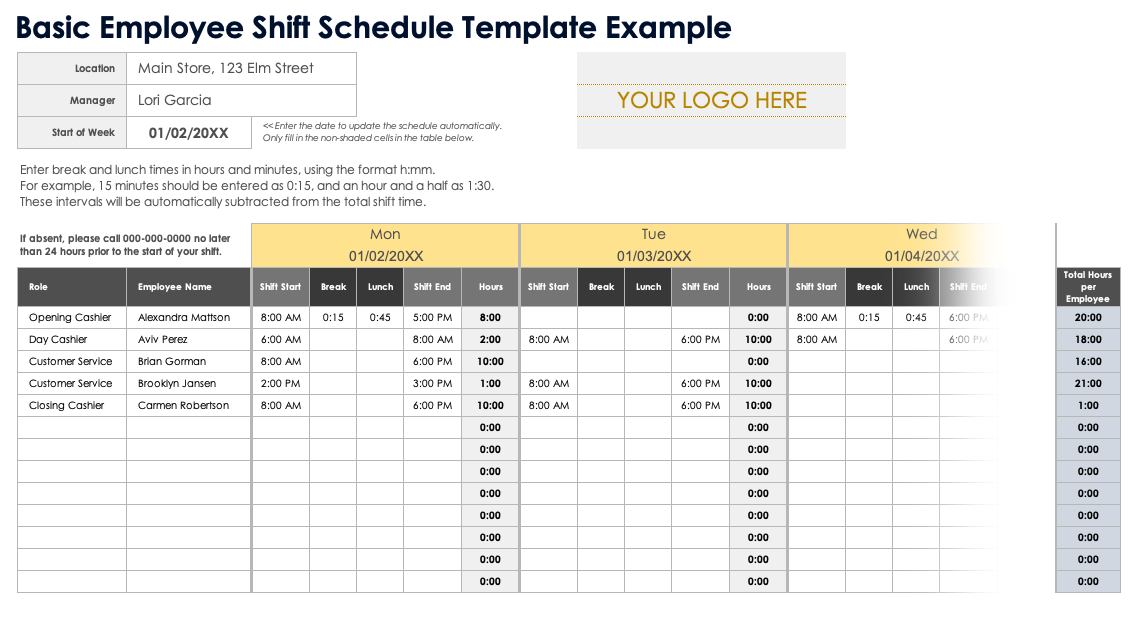 Example of Employee Shift Schedule Template