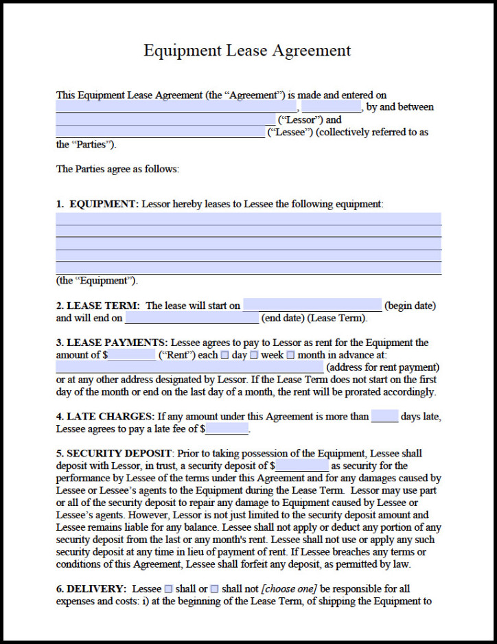 Example of Equipment Lease Agreement Template