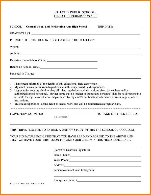 Example of Field Trip Permission Slip Template