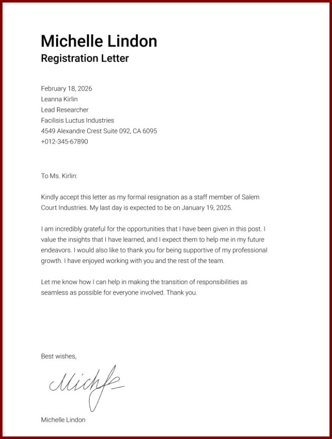 Example of Formal Letter of Resignation Template Example of Formal Letter of Resignation Template
