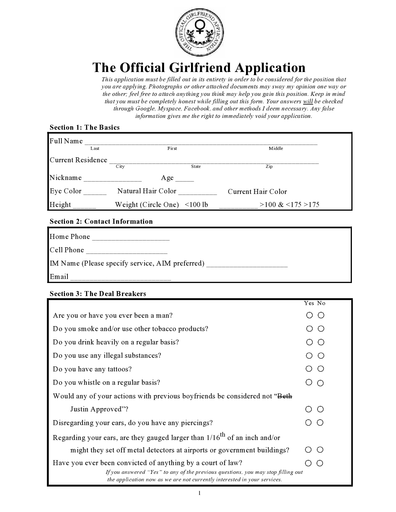 Example of Girlfriend Application Form Example of Girlfriend Application Form