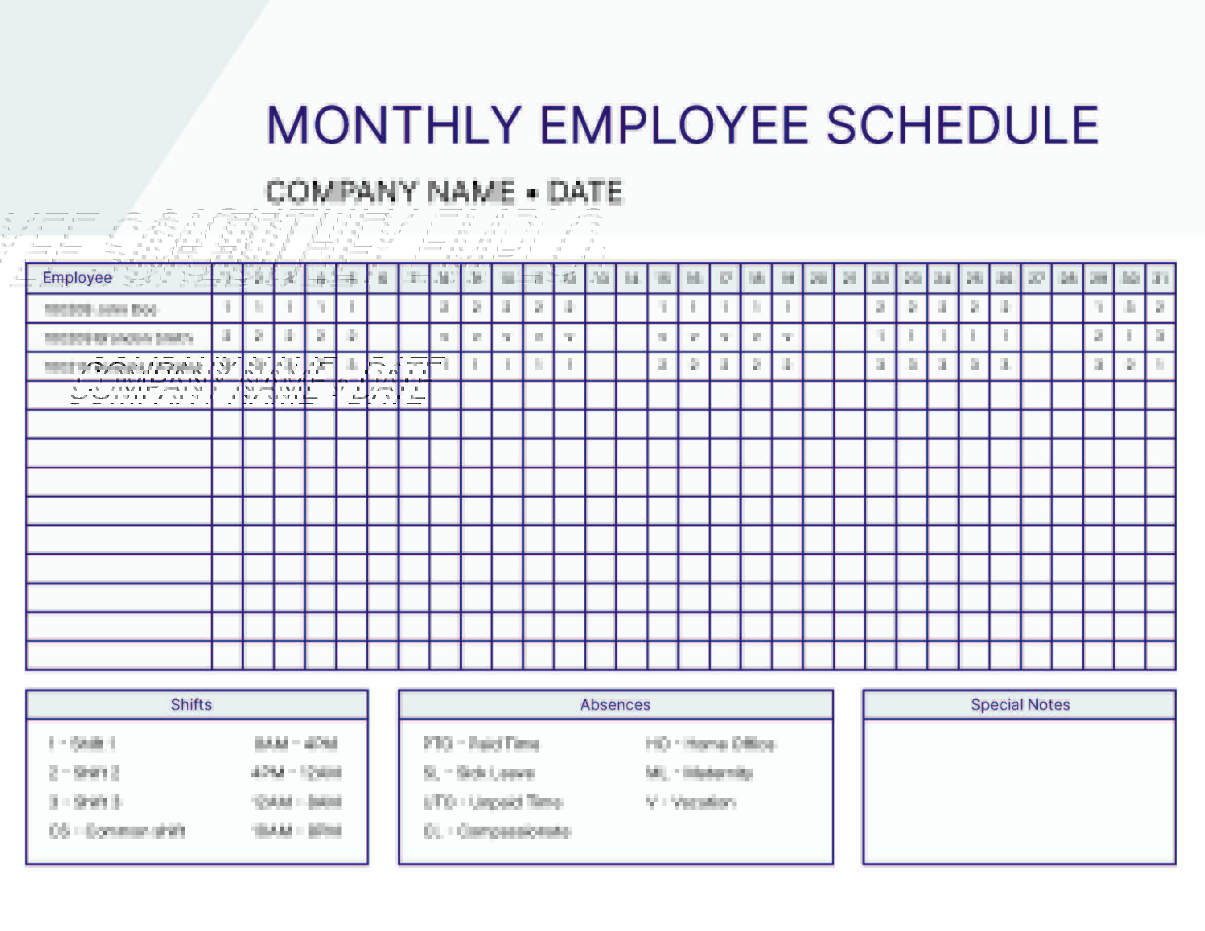 Example of Monthly Work Schedule Template