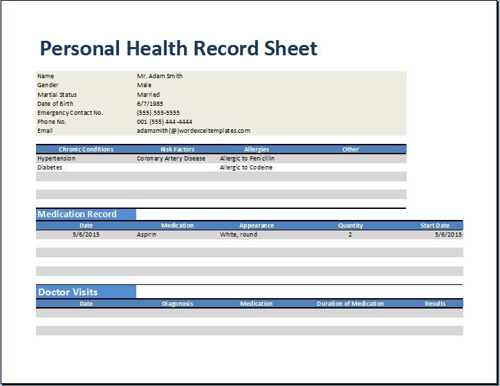 Example of Personal Medical Health Record Sheet Template