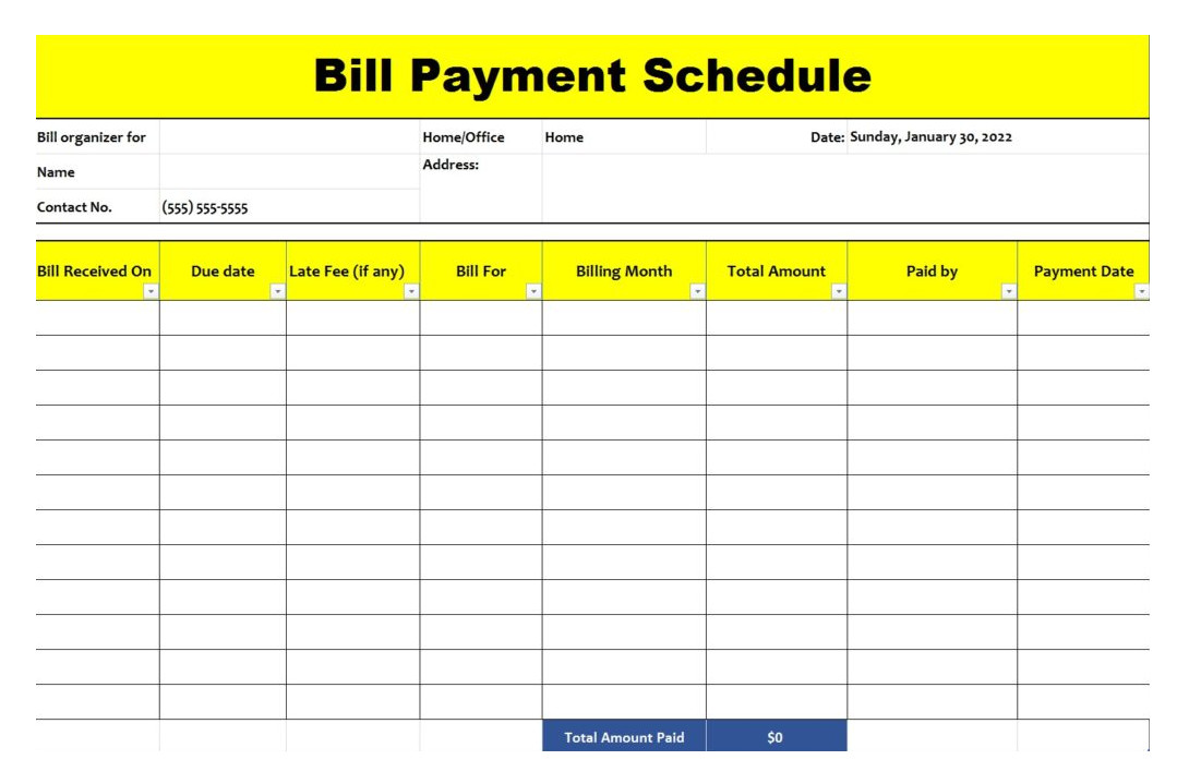Example of Printable Bills Payment Schedule Template