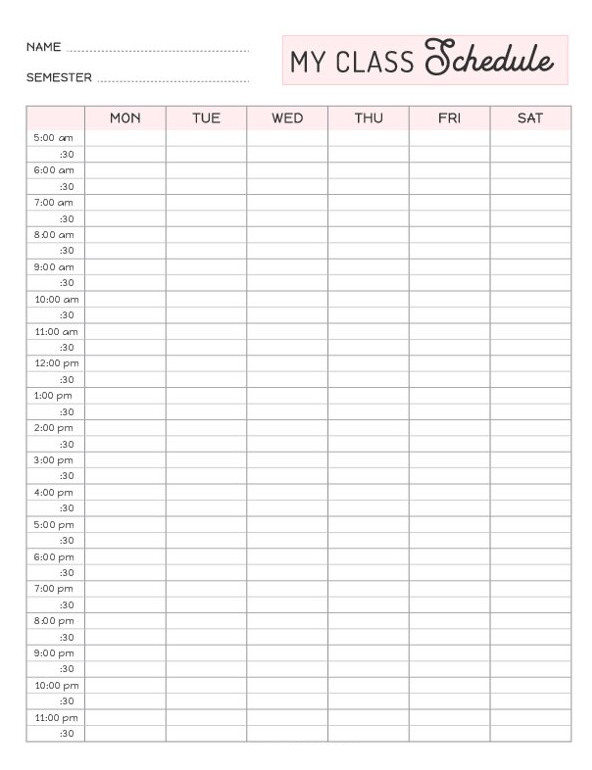 Example of Weekly Class Schedule Template