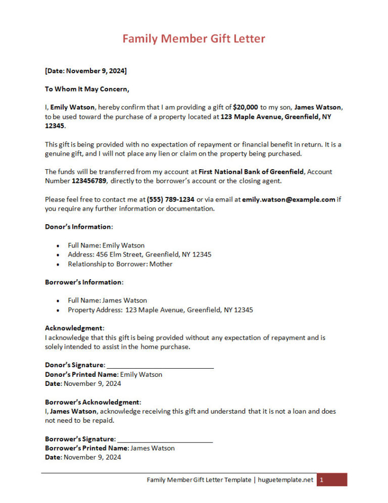 Family Member Gift Letter Template