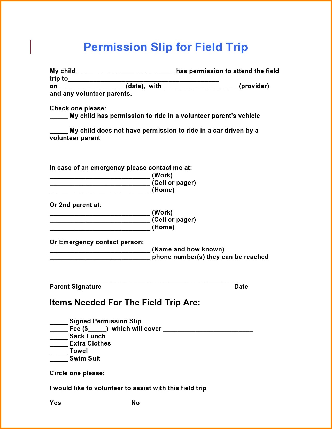 Field Trip Permission Slip Template Example