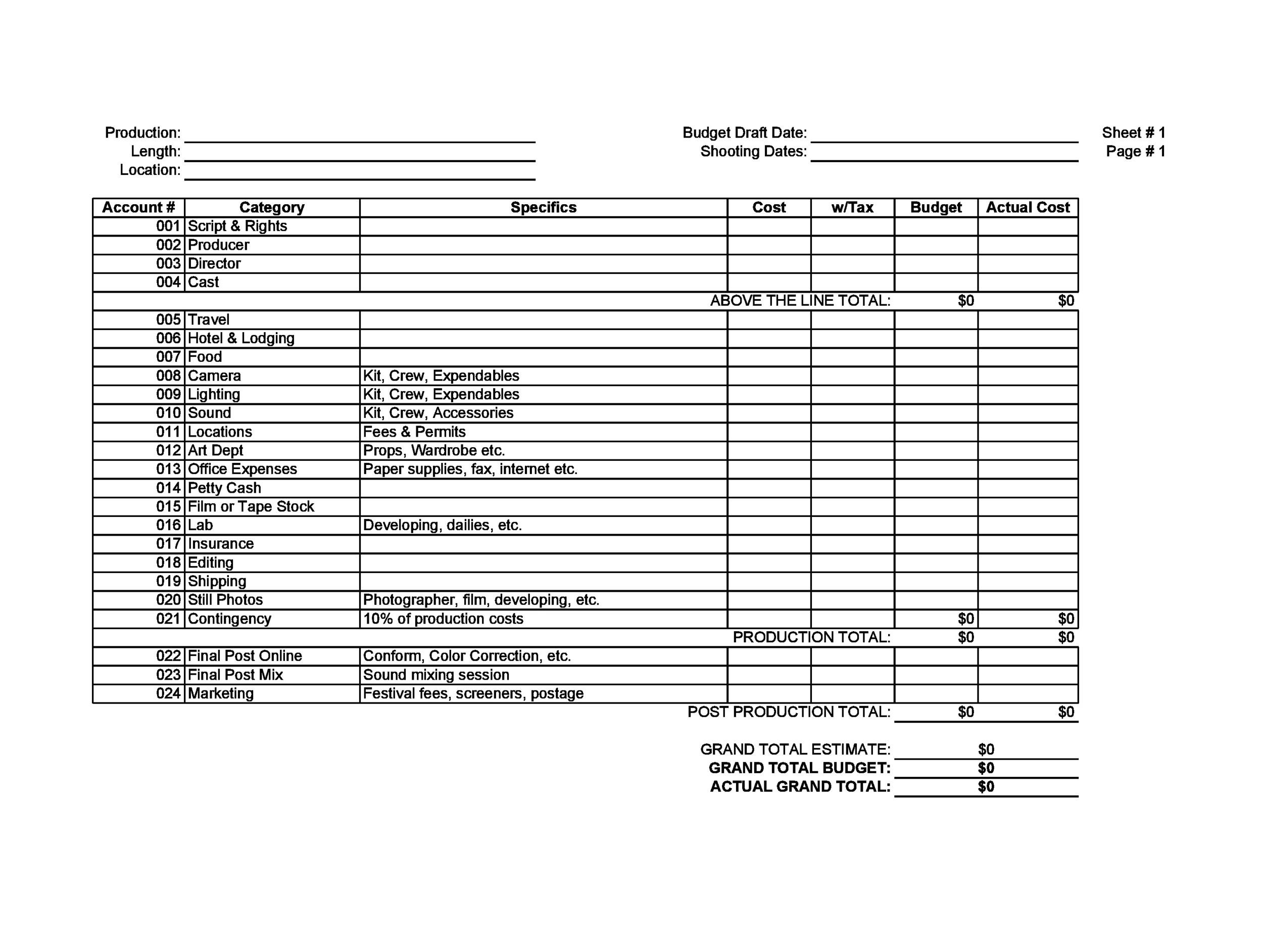Film Budget Template Example
