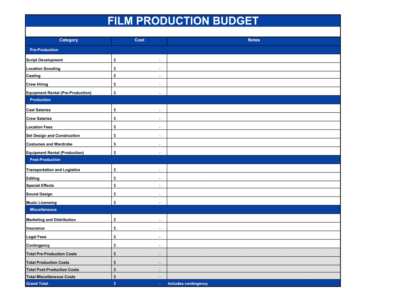 Film Budget Template