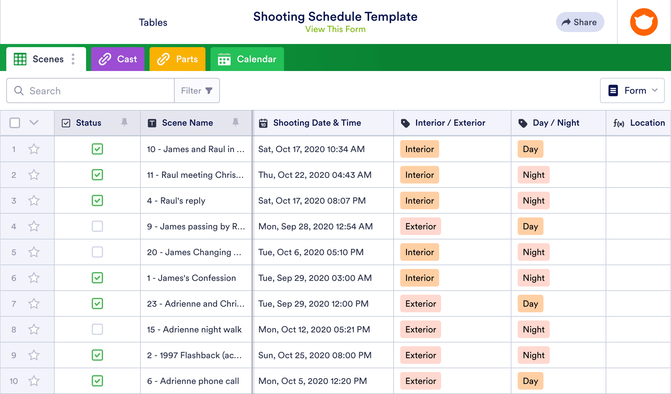 Filming Schedule Template
