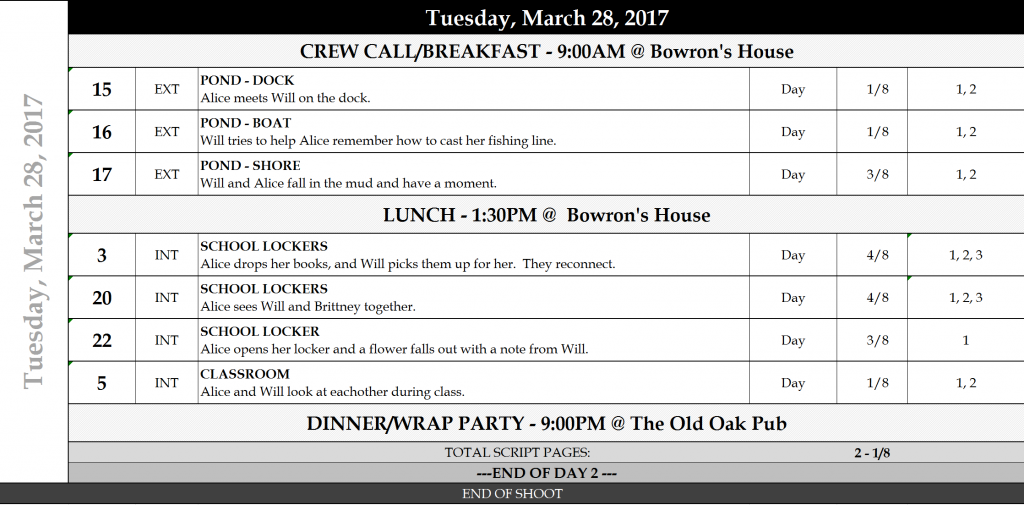 Filming Schedule Template