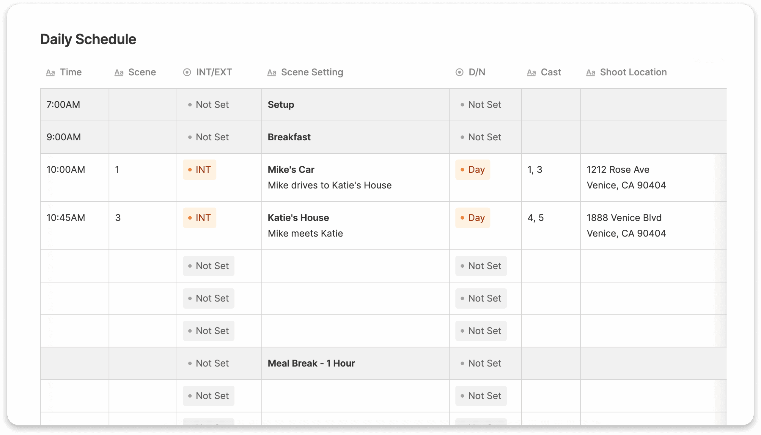 Filming Schedule Template
